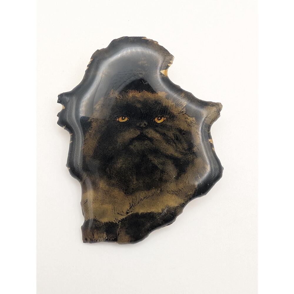 MB Designs Signed Whiskers Black Persian Cat Resin Brooch Pin Hand Painted USA